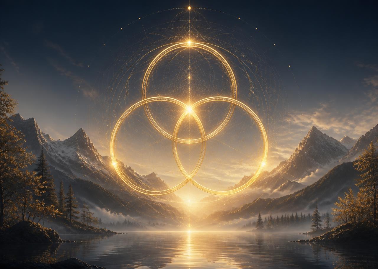 Three interlocking golden rings glowing over a still mountain lake at dawn