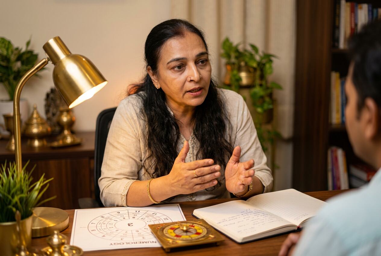 Acharya Yojana Varkhede explaining a numerology chart to a client in consultation