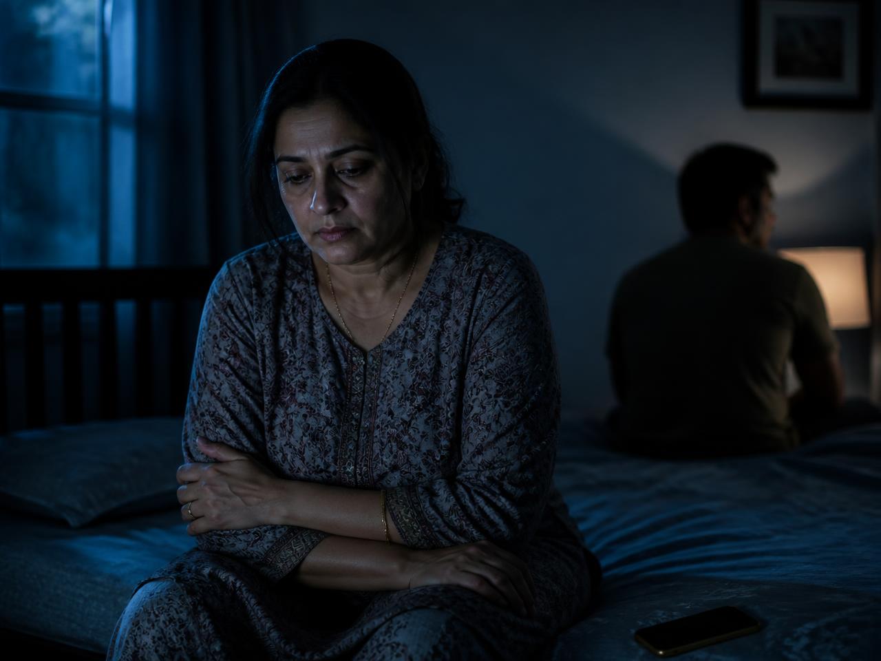 Woman sitting alone at night, emotionally distant from her partner