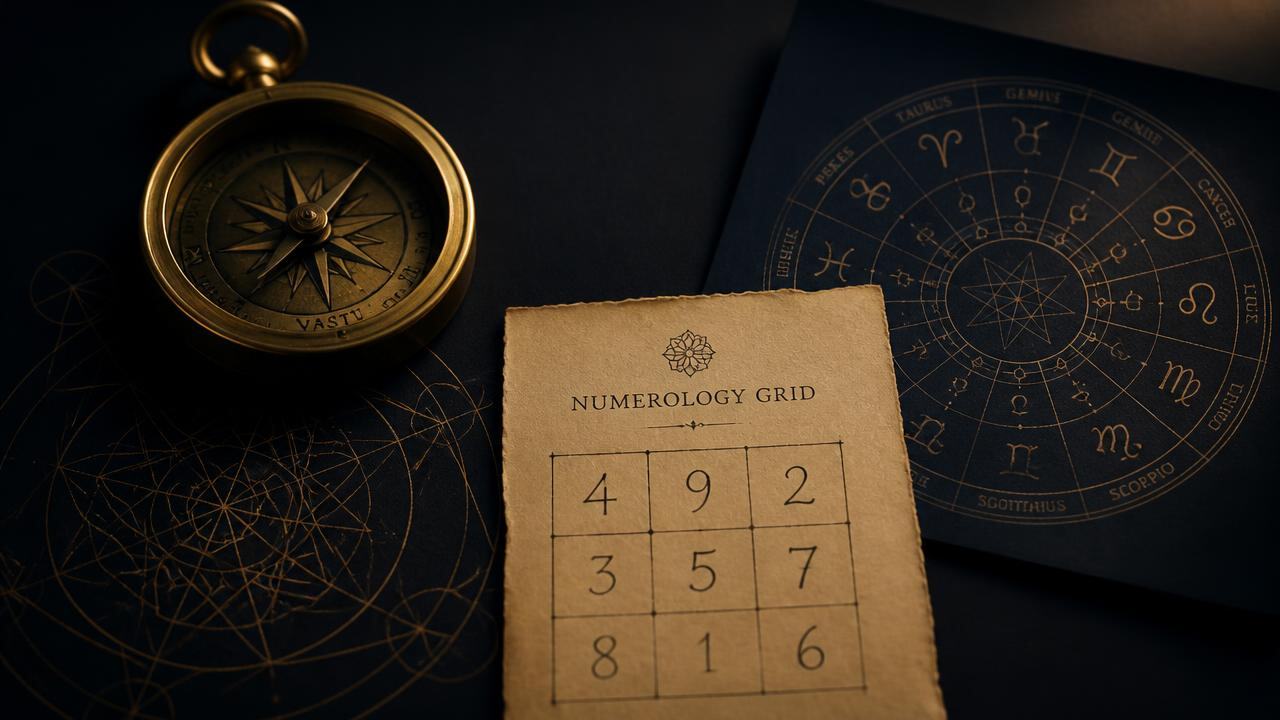 Brass vastu compass, numerology grid and astrology chart on a dark surface
