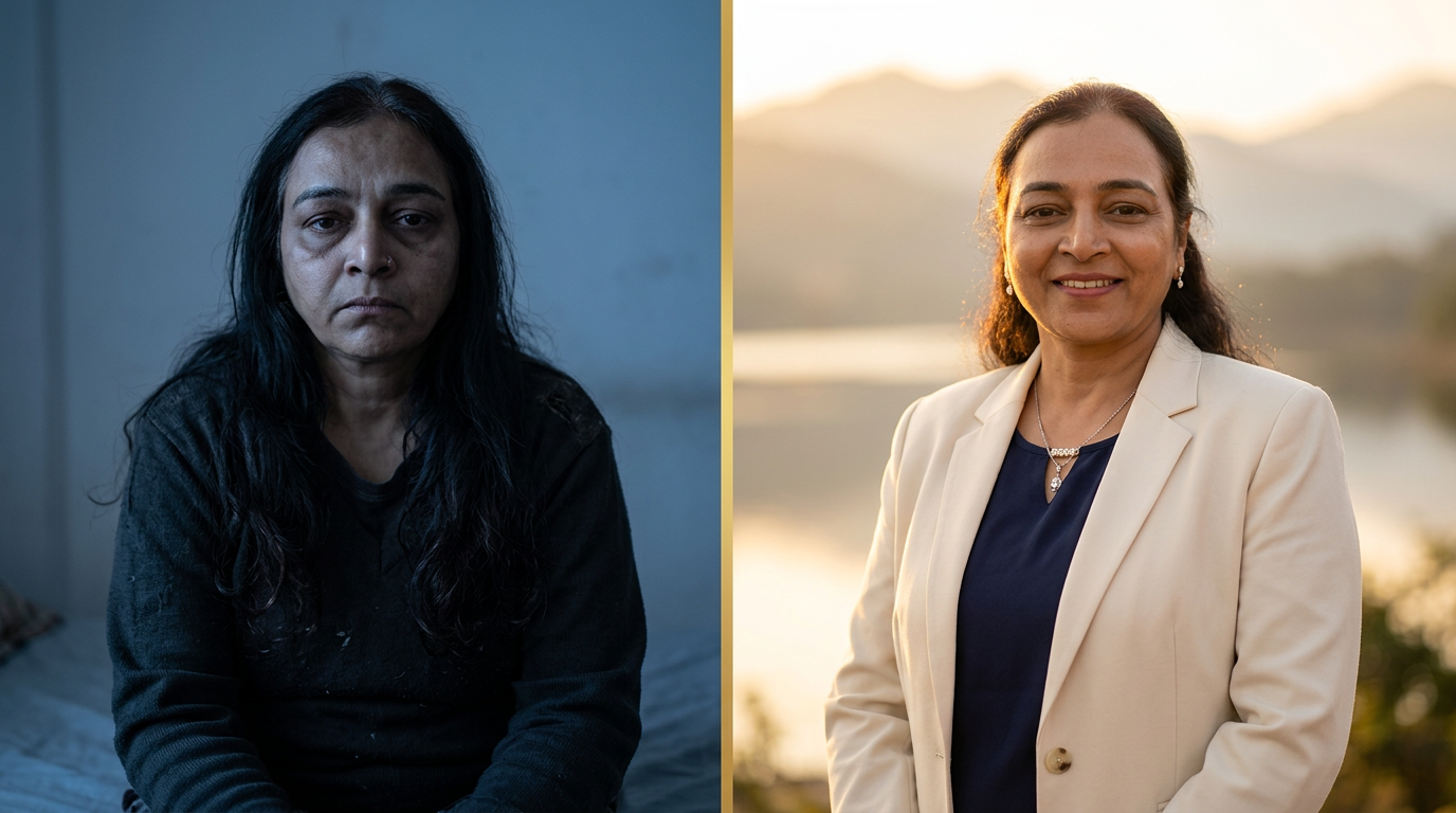 Acharya Yojana Varkhede then and now — from exhausted and withdrawn to calm and confident