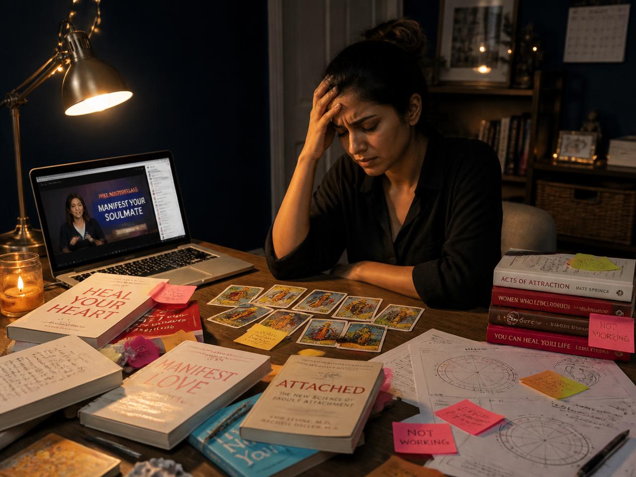 Woman overwhelmed by self-help books, courses and charts that did not work